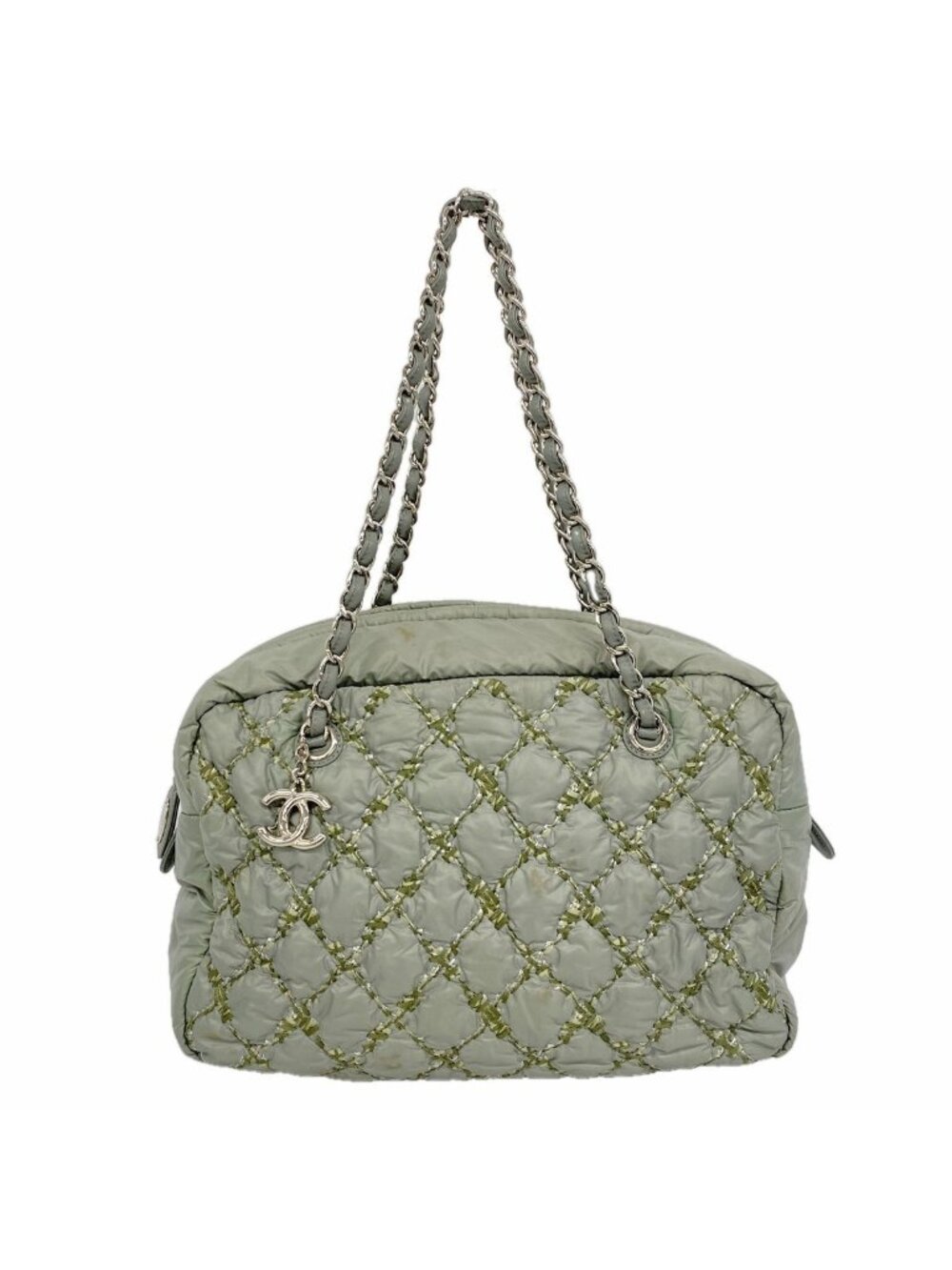 Chanel Chain Tote Bag Nylon Green Silver